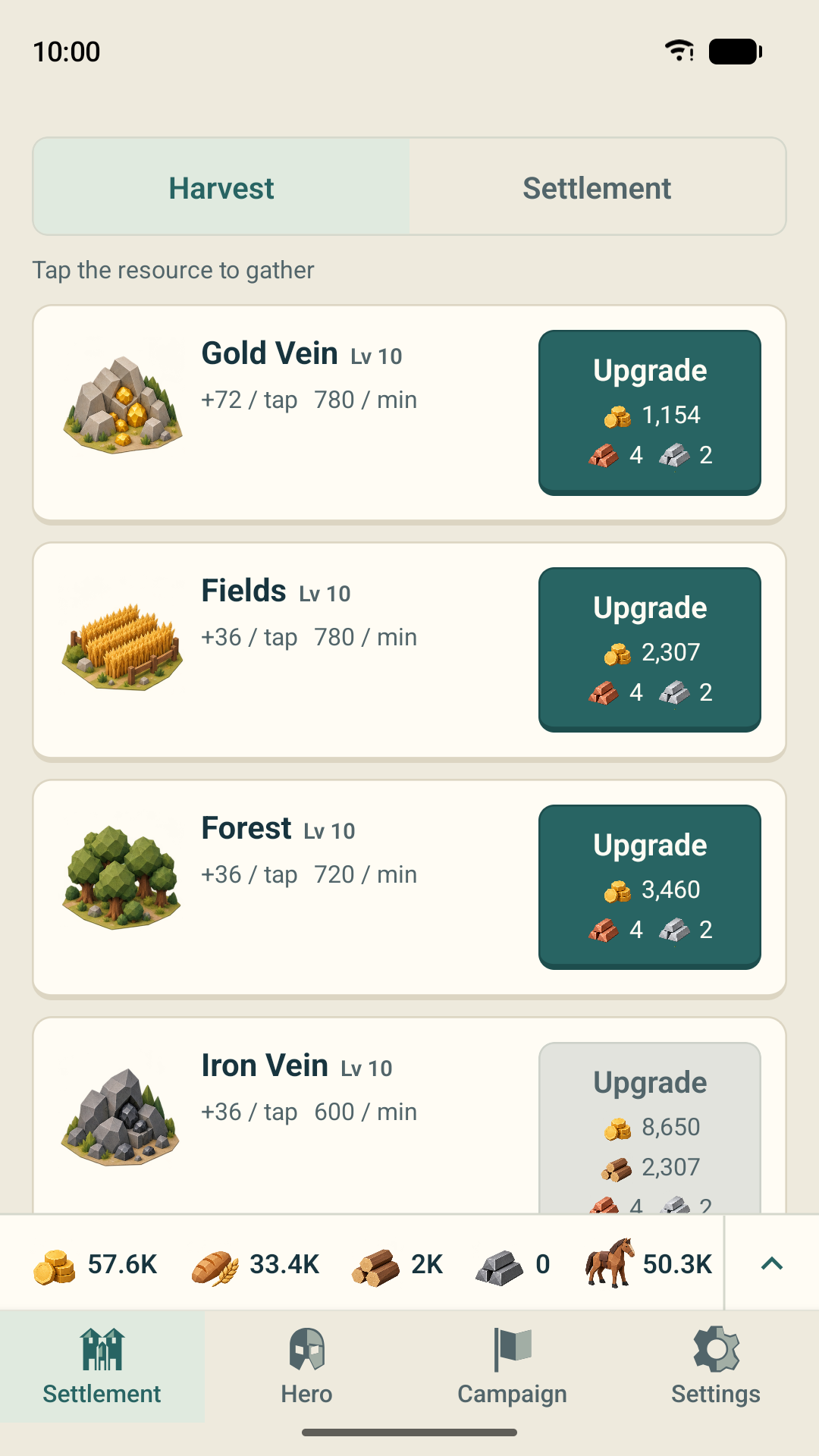 Idle Fiefwar Harvest screen with the Gold Vein, Fields and Forest, their yield per tap and per minute, and upgrade costs