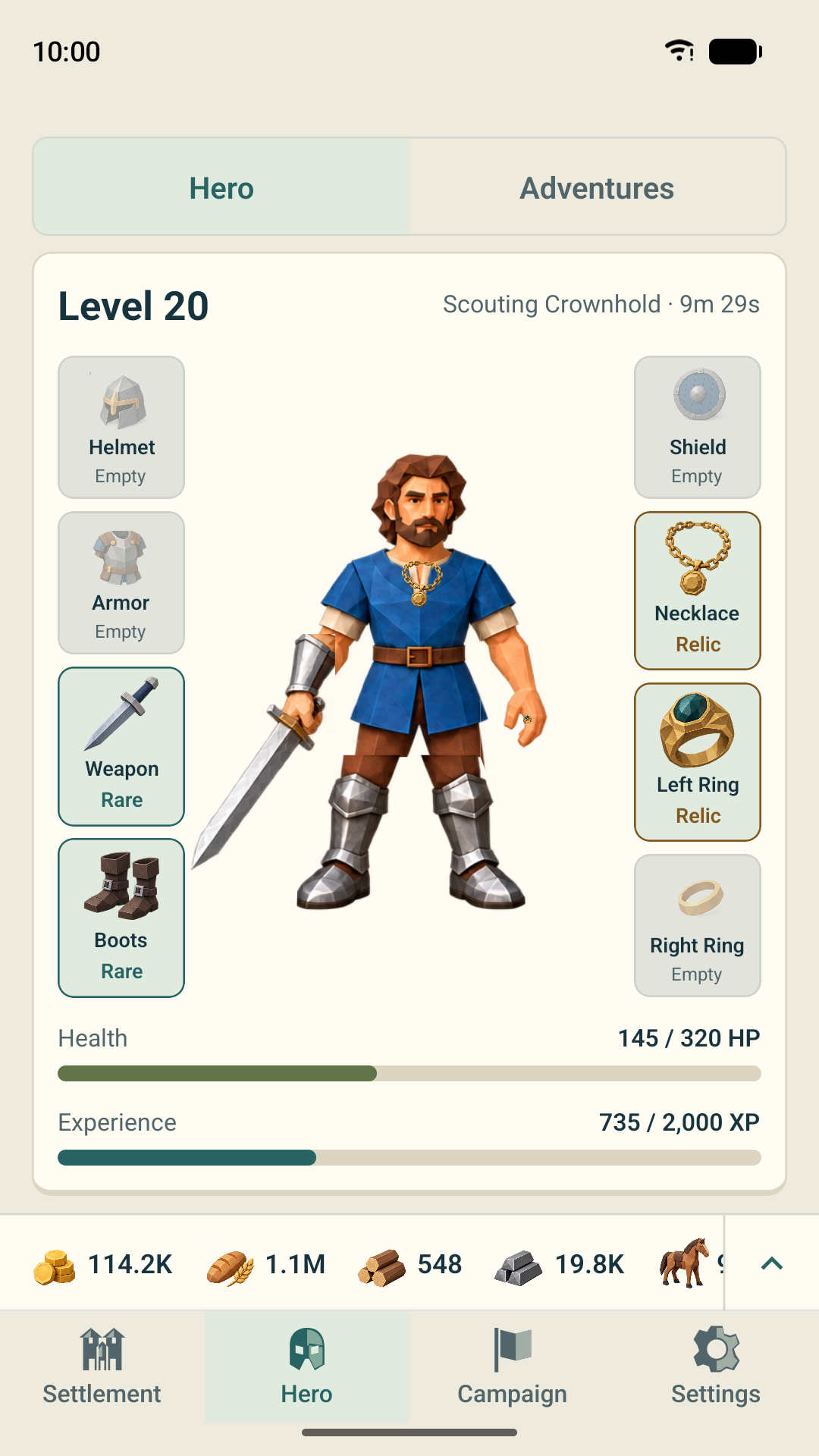 Idle Fiefwar Hero at level 20 with rare gear and two Relics