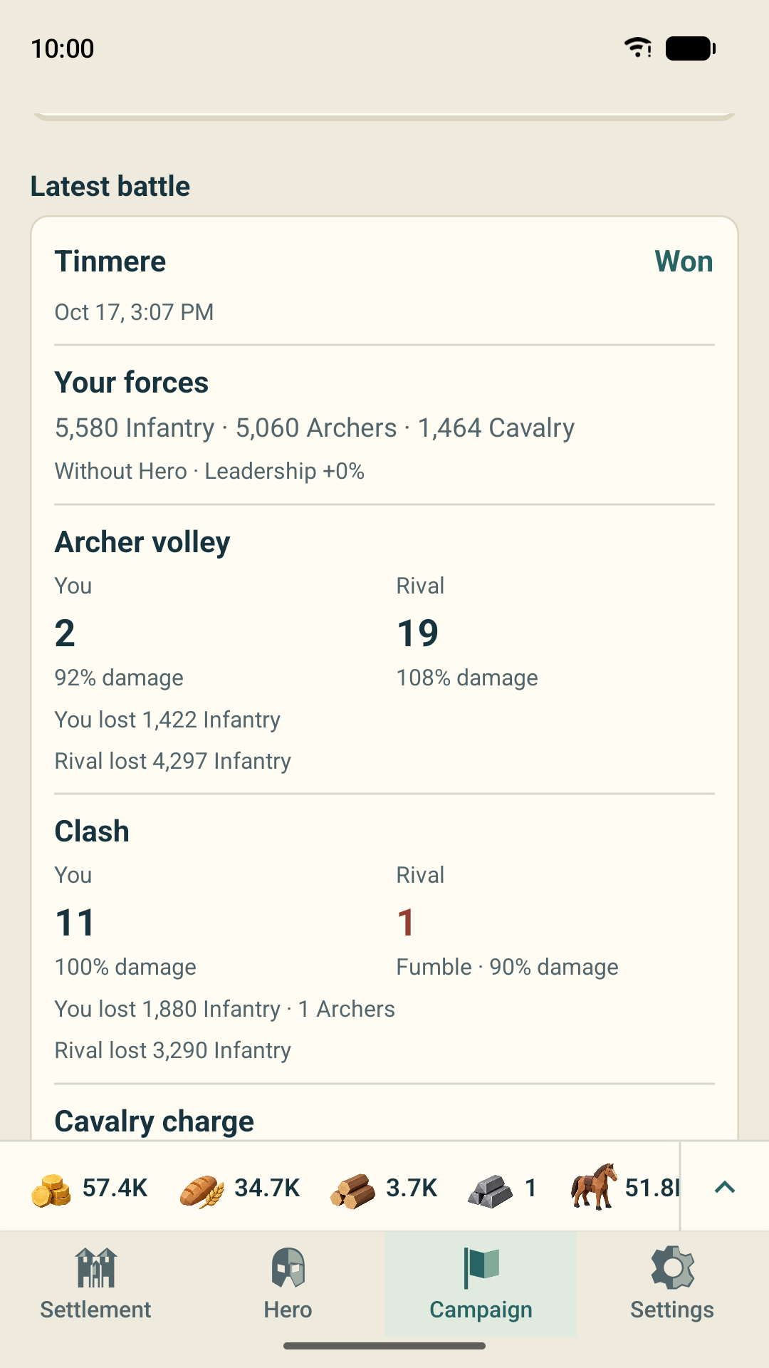 Idle Fiefwar battle report with your forces and each battle phase, both d20 rolls and the losses on each side
